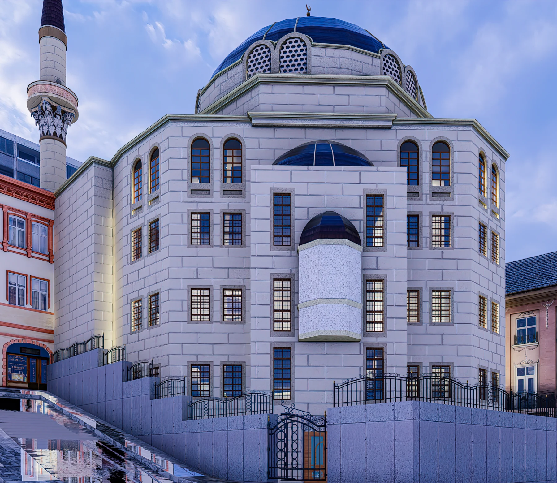 Şehir dokusu içinde kubbeli ve minareli sosyal yapı saha fotoğrafı