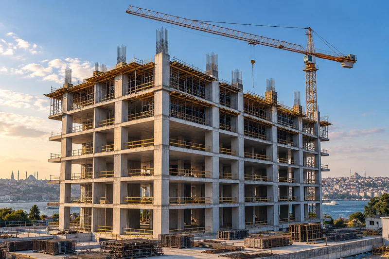 Betonarme yapı ve kule vinç ile inşaat konsept görselleştirmesi