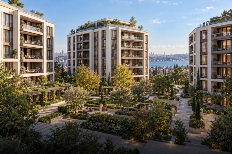 Üç bloklu modern konut yerleşimi ve peyzajlı avlu konsept görselleştirmesi