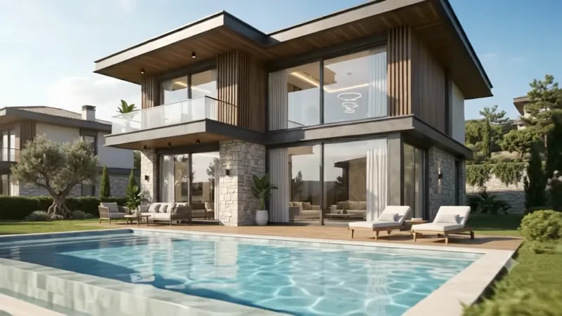 Havuz ve bahçeye açılan iki katlı modern villa görselleştirmesi